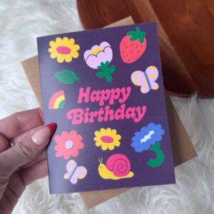 Happy Birthday Flowers & Cute Icons Spring Dark Card
